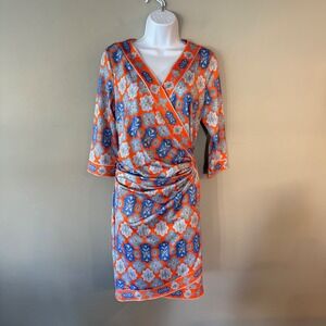 Gretchen Scott Wrap Sheath Dress Geometric Jersey Orange Blue M Resortwear Chic